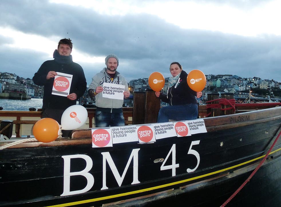 Sam Stewart with husband Brendan (left) and friend Matt Kenyon (centre) will be sleeping out on the deck of Brixham trawler ‘Pilgrim’ to raise money for the homeless helpline