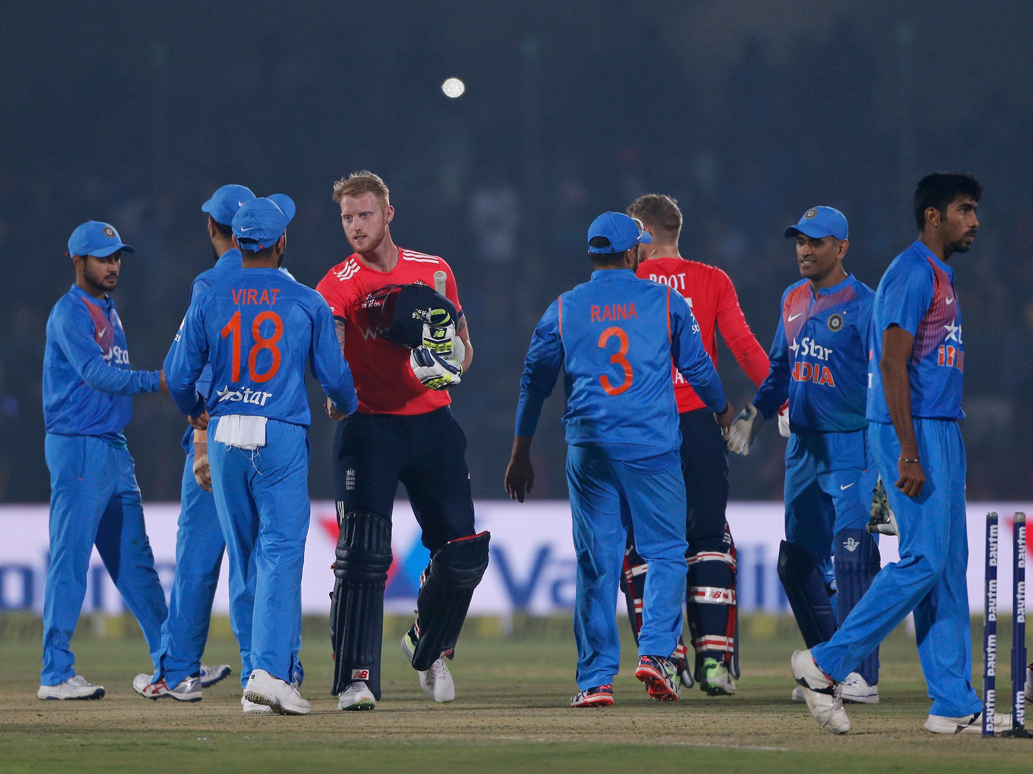 &#13;
Joe Root shakes hands with the Indian team after England's win on Thursday &#13;