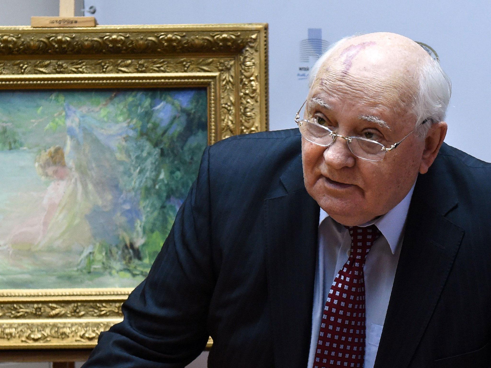 Mikhail Gorbachev, pictured speaking during a ceremony to hand over three Russian paintings, talked of the nuclear disarmament of the 1980s