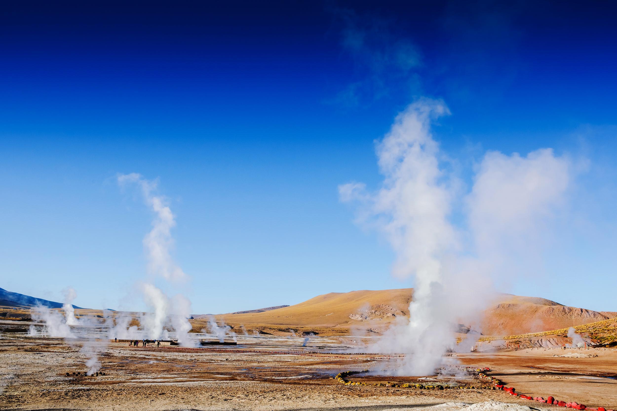 The El Tatio geyser field creates an uncharacteristically moist landscape