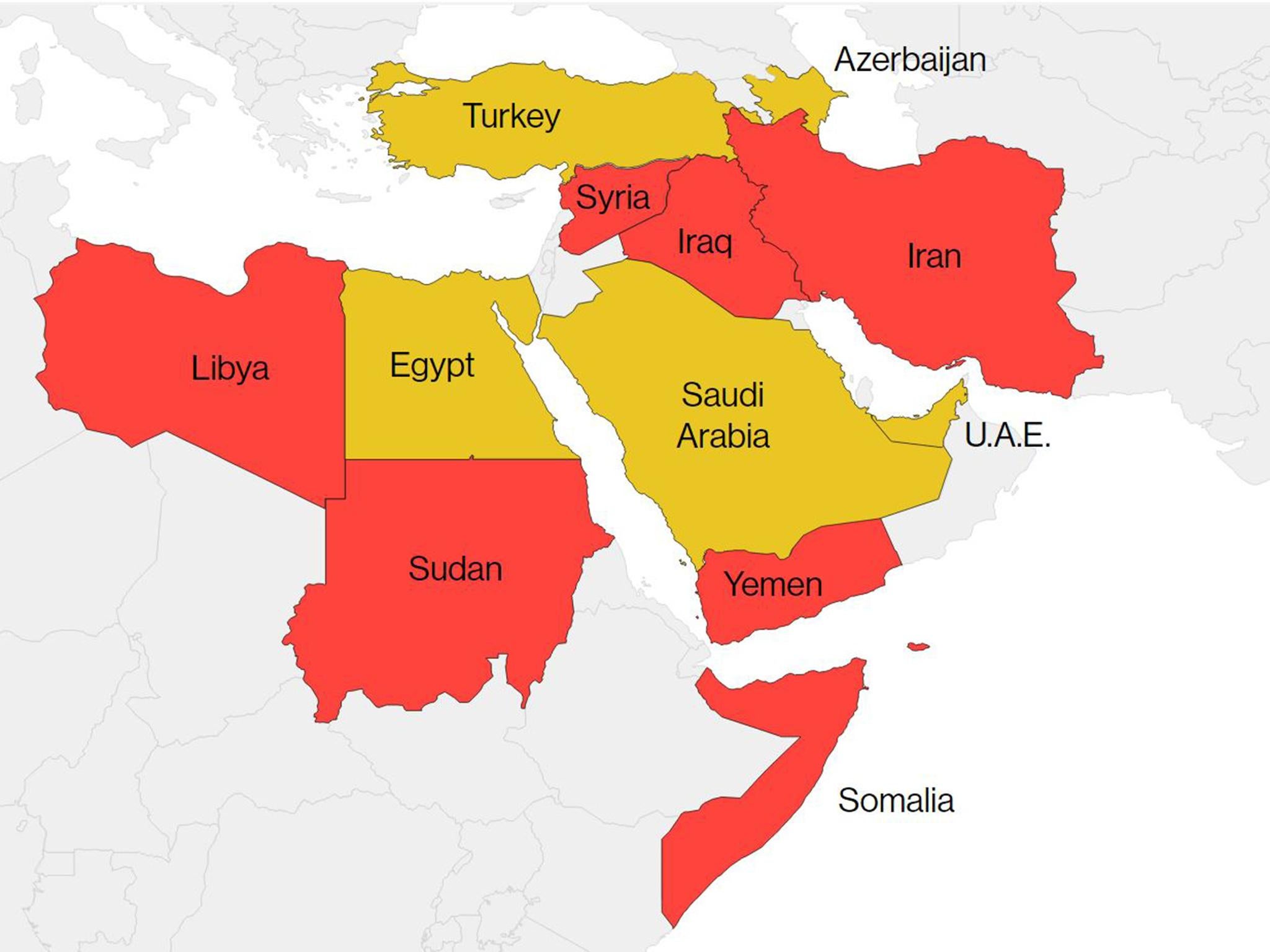 Migration freeze countries in red, and, in yellow, countries where Donald Trump has done business or pursued potential deals