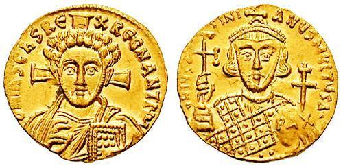 Justinian II (right) on the reverse of a coin struck in his second reign