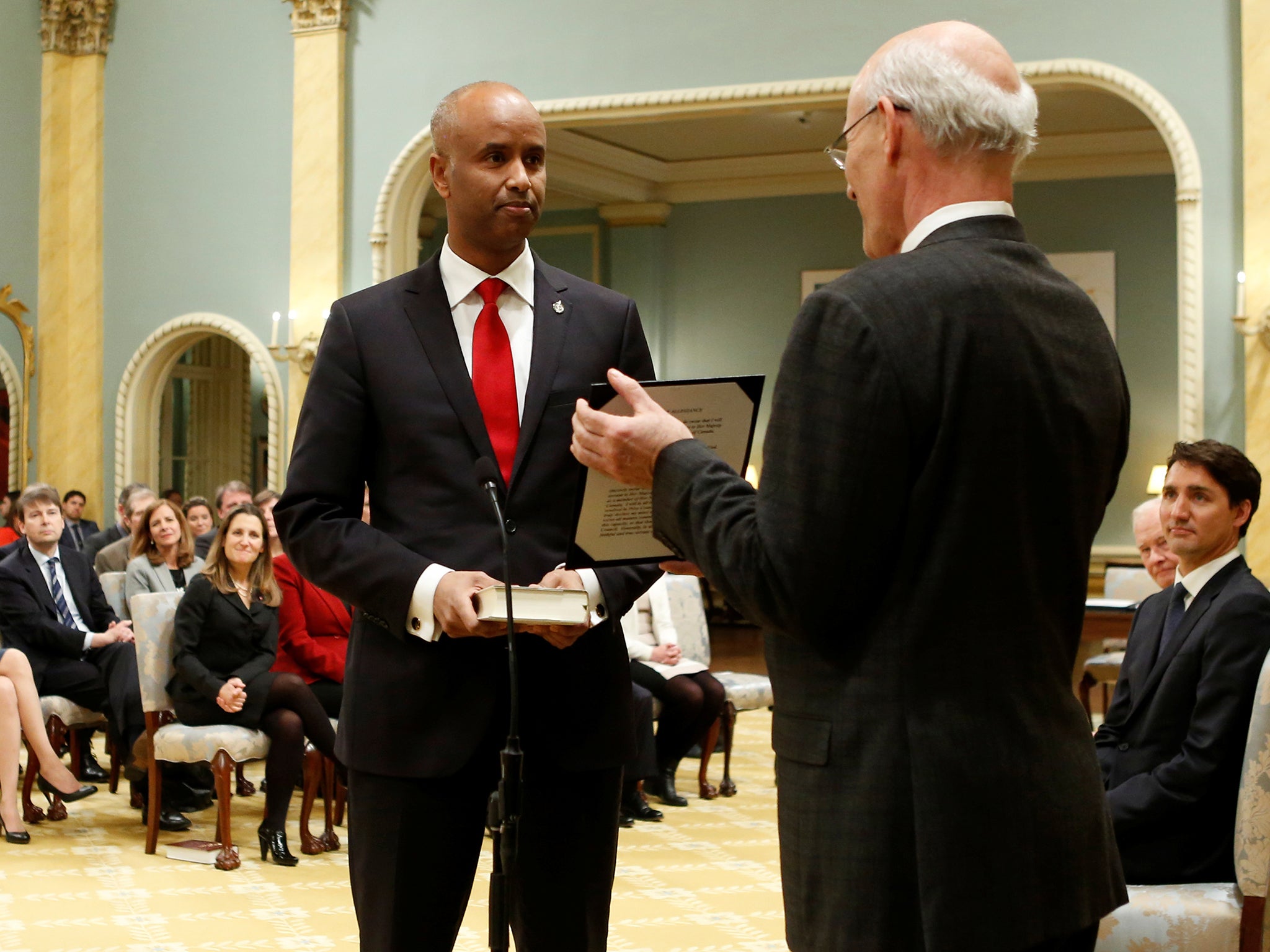 Ahmed Hussen during his recent swearing-in ceremony as Canada's Minister of Immigration, Refugees and Citizenship during a cabinet shuffle at Rideau Hall in Ottawa, Ontario, on January 10 2017