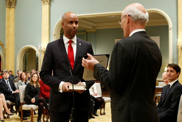 Ahmed Hussen during his recent swearing-in ceremony as Canada's Minister of Immigration, Refugees and Citizenship during a cabinet shuffle at Rideau Hall in Ottawa, Ontario, on January 10 2017