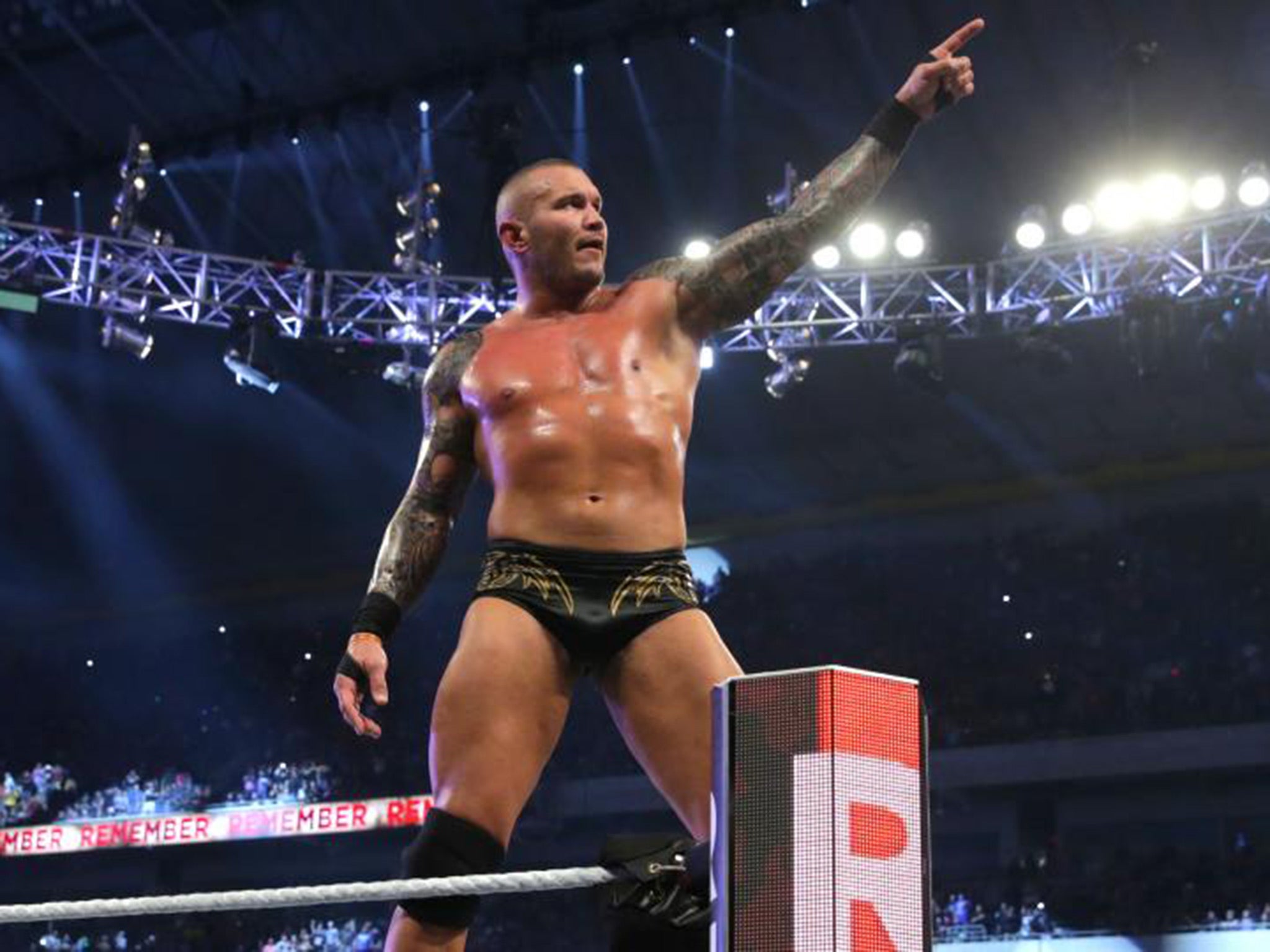 Randy Orton celebrates his victory in this year's Royal Rumble