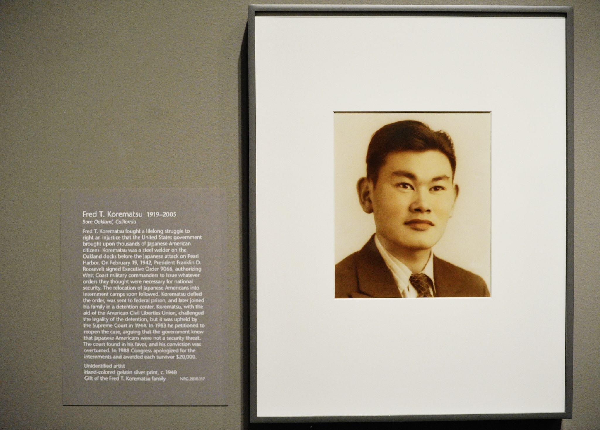 The portrait of Fred Korematsu is seen during its presentation to the National Portrait Gallery February 2, 2012 in Washington, DC Fred Korematsu was a US citizen of Japanese ancestry who was imprisoned for defying a relocation order