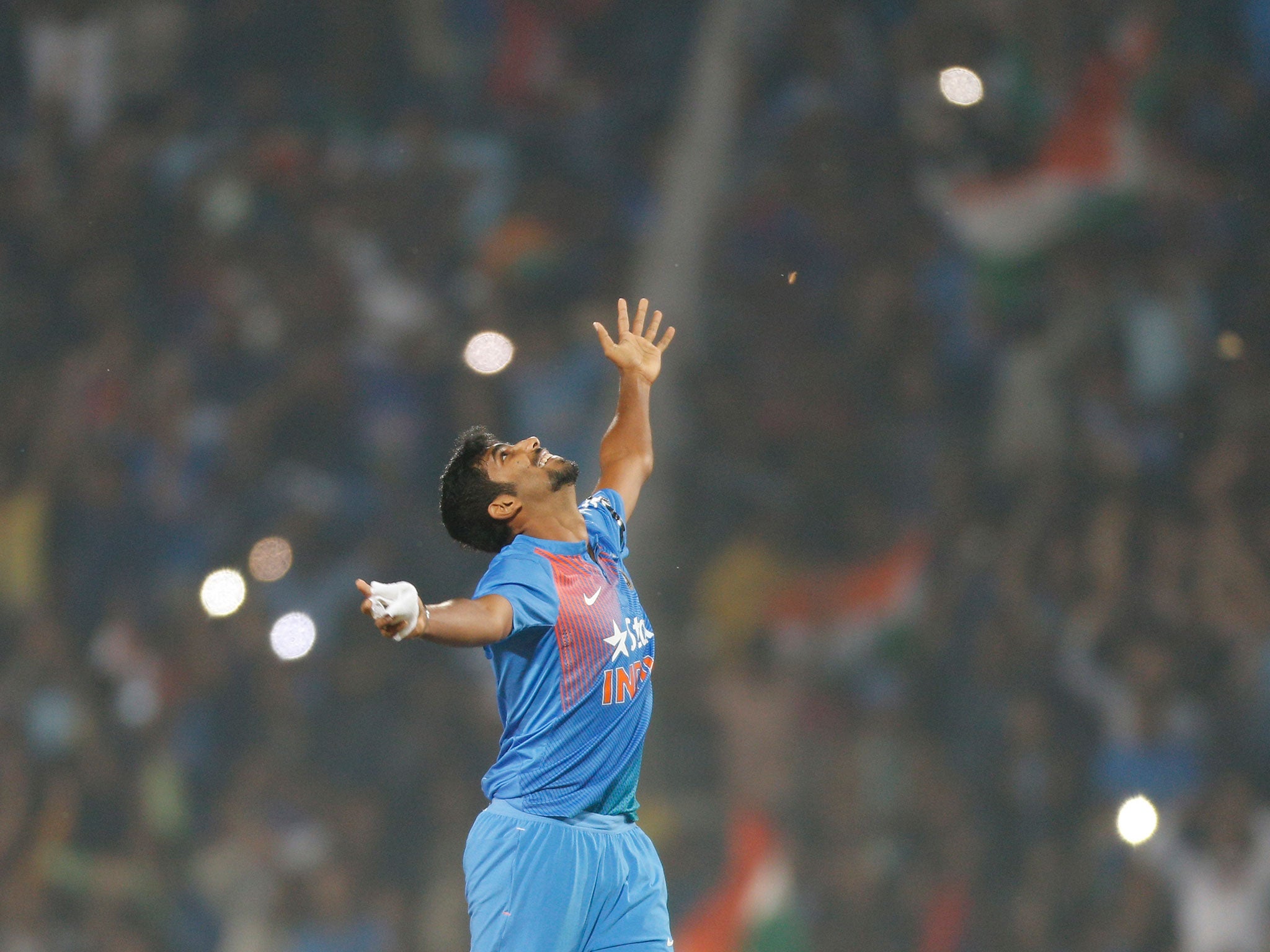 Jasprit Bumrah celebrates after winning the game for India on Sunday
