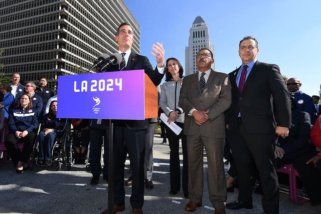 Los Angeles Mayor Eric Garcetti announces the Los Angeles City Councils 13-0 unanimous final approval vote to bid for the 2024 Summer Olympics in Los Angeles