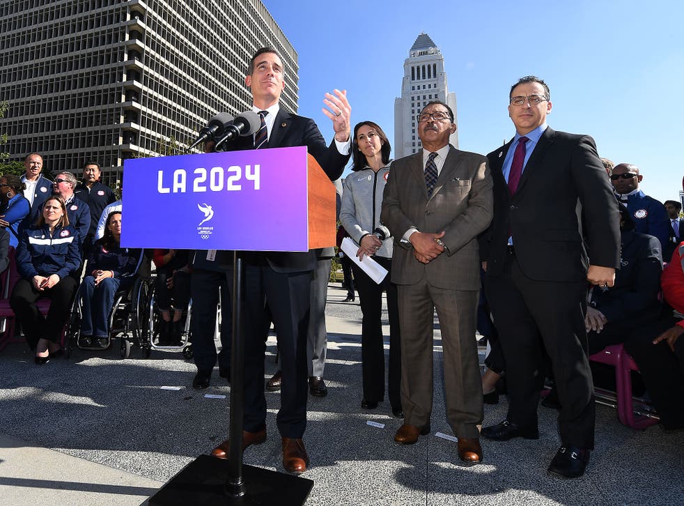 Los Angeles Mayor Eric Garcetti announces the Los Angeles City Councils 13-0 unanimous final approval vote to bid for the 2024 Summer Olympics in Los Angeles