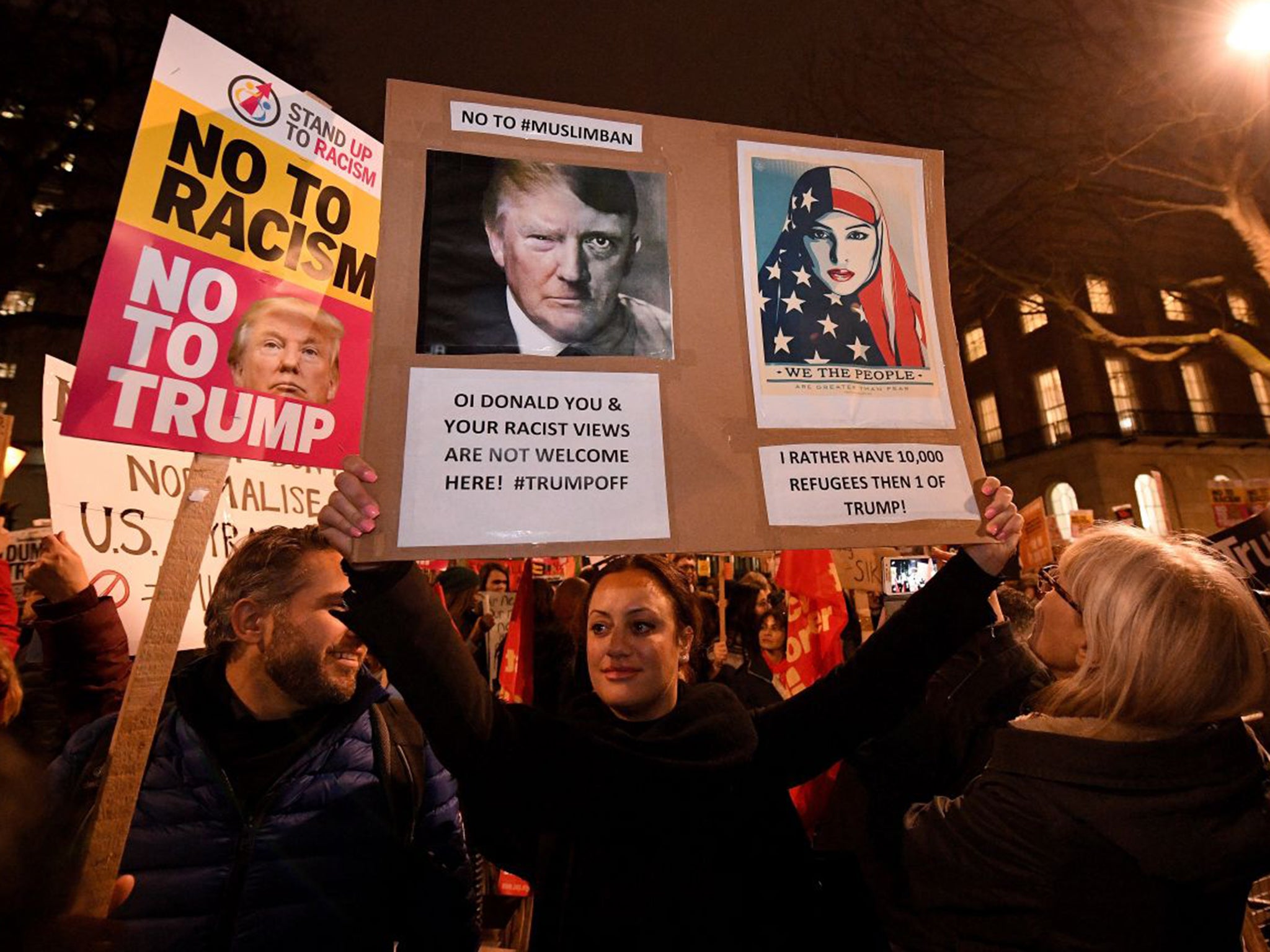 Thousands of demonstrators gathered outside Downing Street to protest against the US President