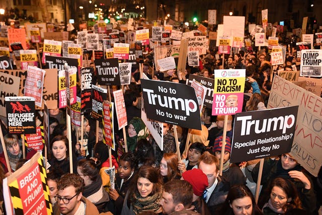 Protesters against Donald Trump’s travel ban and his anticipated state visit to the UK outside Downing Street last night