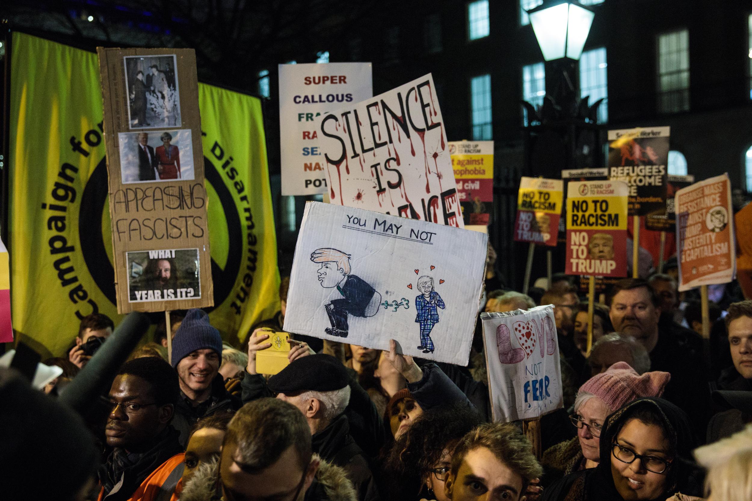 Protesters outside Downing Street, London, 30 January 2017