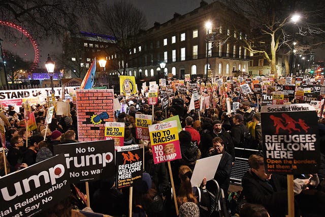 Stand Up To Racism, which also helped organise Monday's London march (pictured), is protesting Theresa May's state invite to Mr Trump