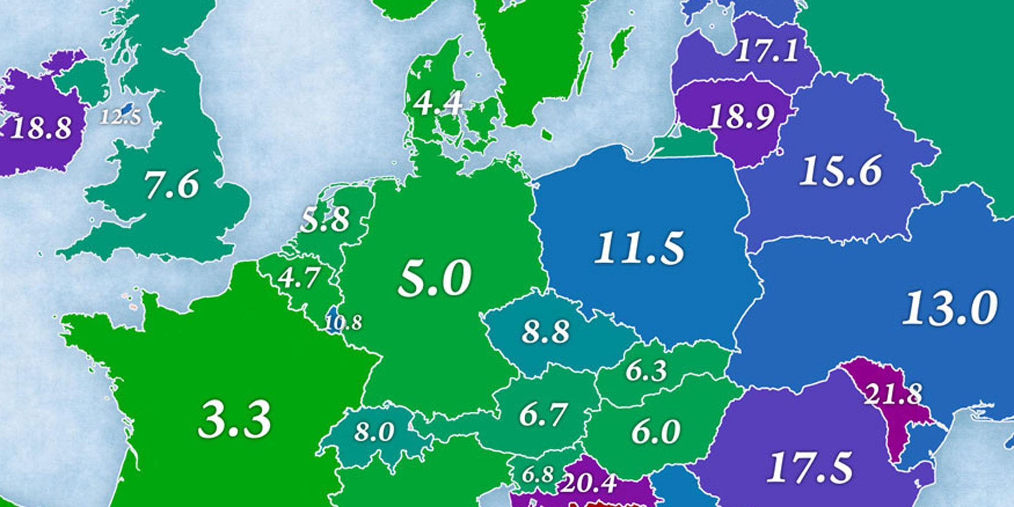 A map of Europe according to the number of people living abroad