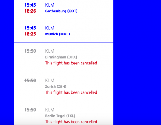 KLM delays and cancellations today