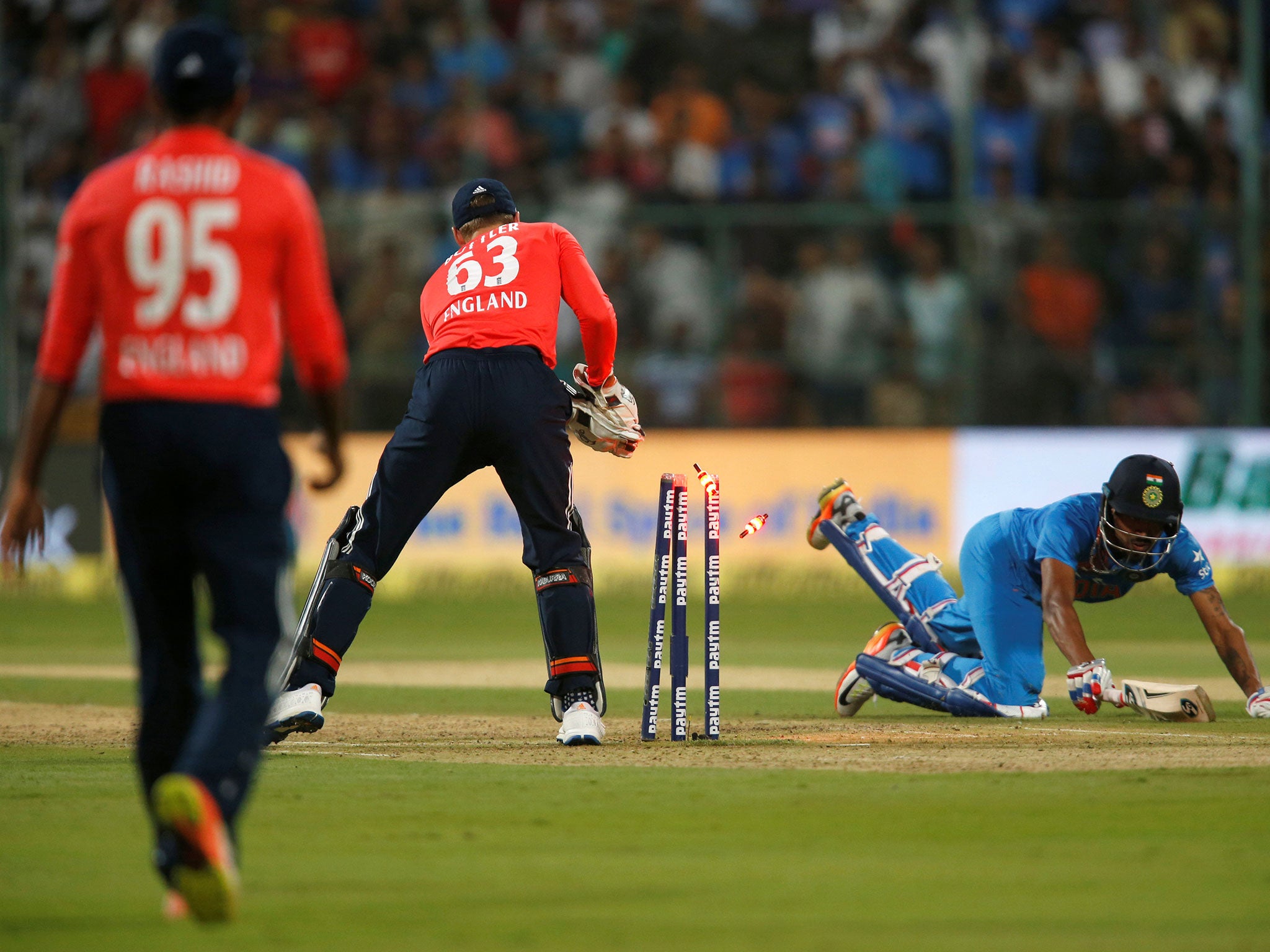 India's Hardik Pandya is run out by Jos Buttler