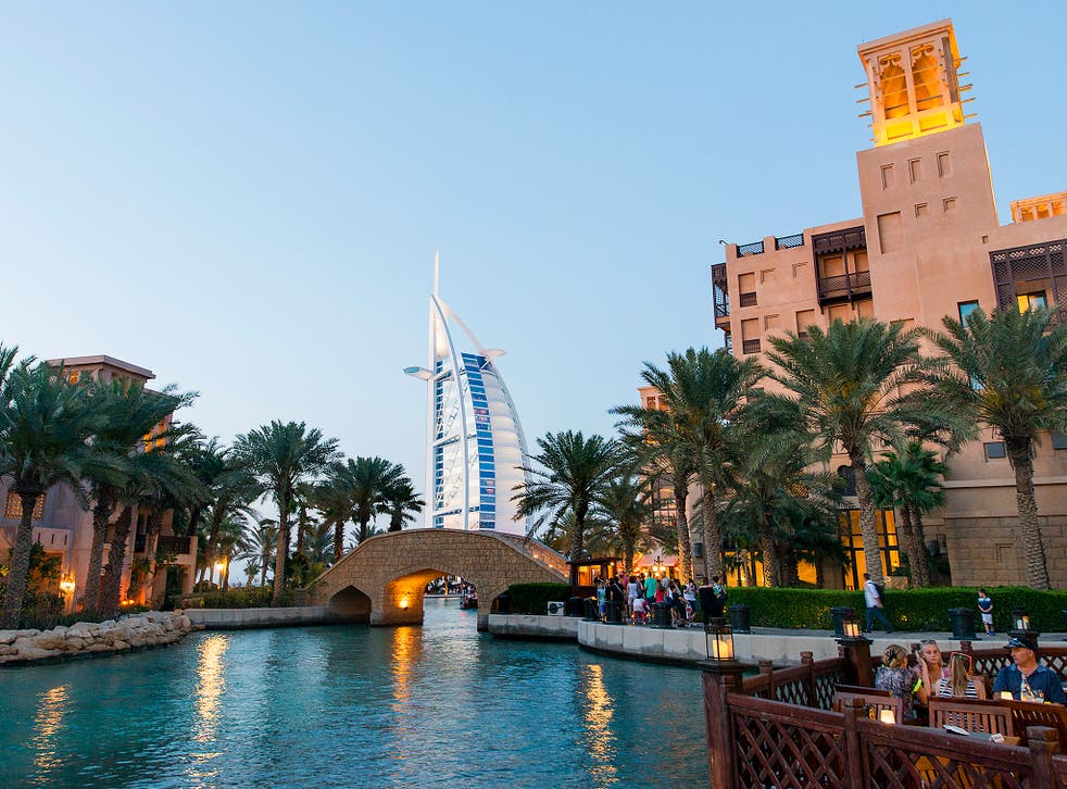 Burj Al Arab seen from the Madinat Jumeirah district in Dubai during the evening. Burj Al Arab is the only seven star hotel in the world