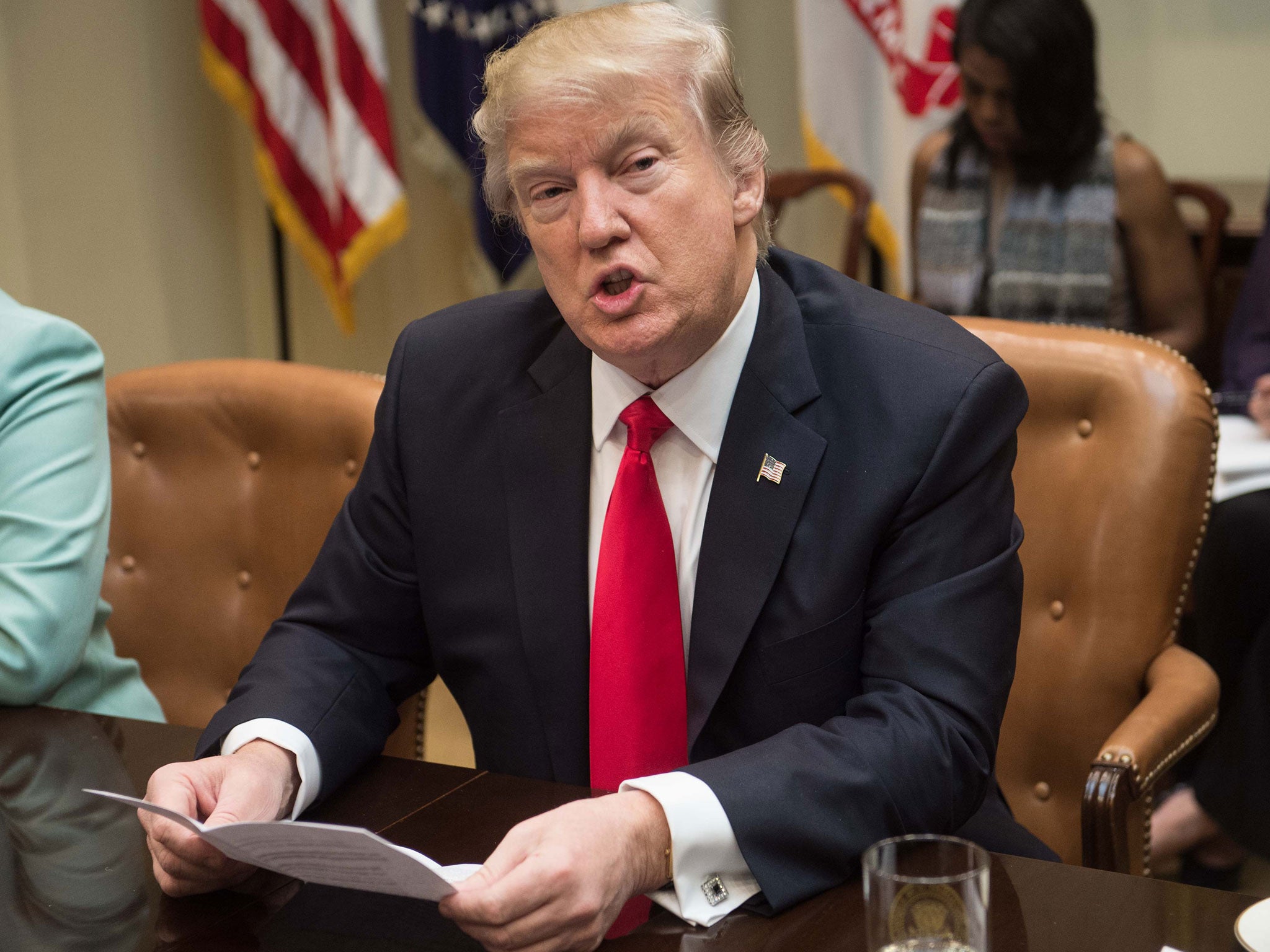 US President Donald Trump speaks as he meets with small business leaders in the Roosevelt Room at the White House