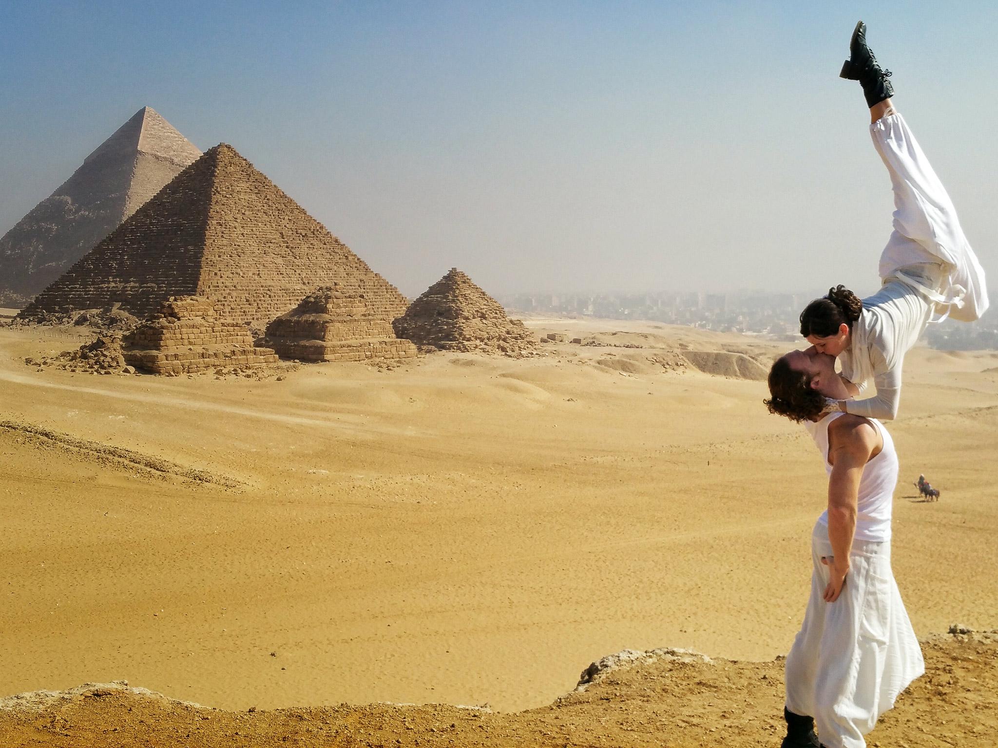 Acrobats Cheetah Platt and Rhian Woodyard visited Egypt on the round-the-world trip