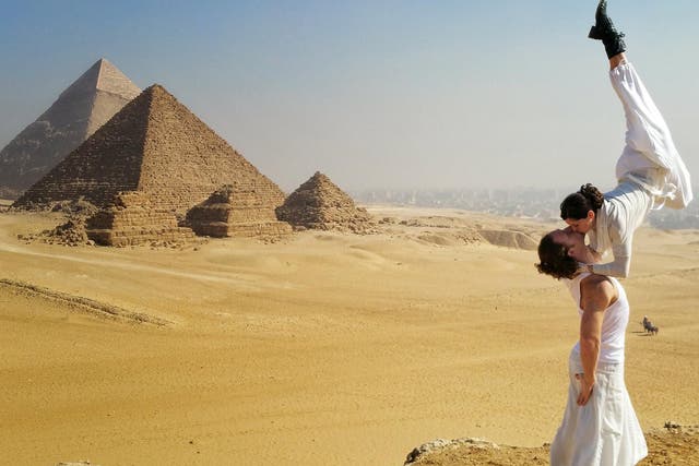 Acrobats Cheetah Platt and Rhian Woodyard visited Egypt on the round-the-world trip