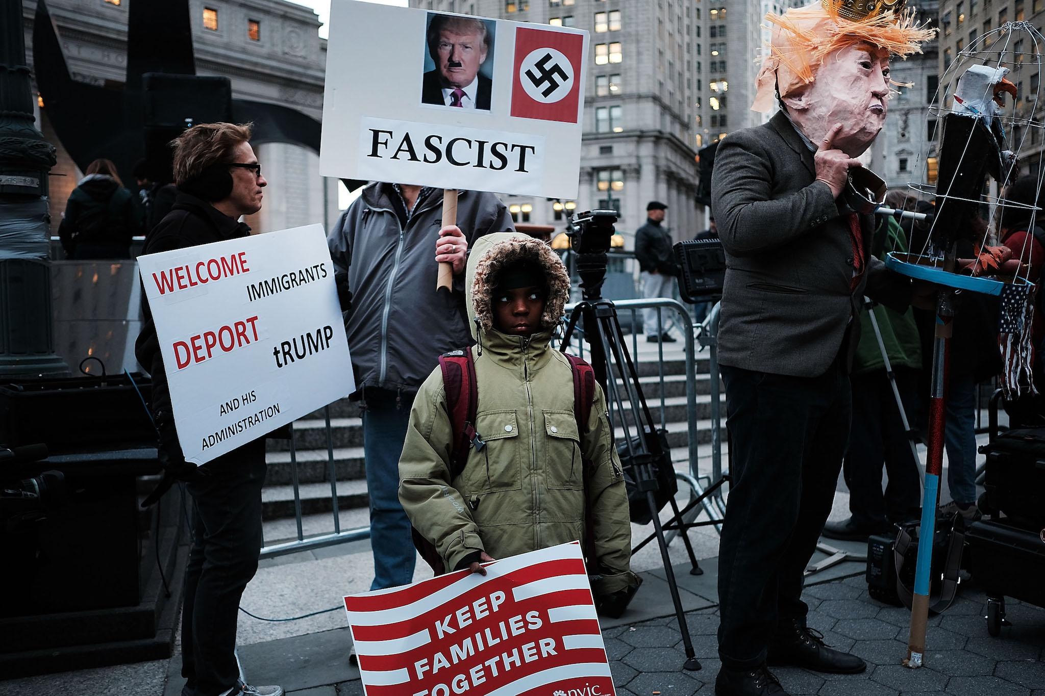 People continue to protest in lower Manhattan against the polices of President Donald Trump on February 1, 2017 in New York City