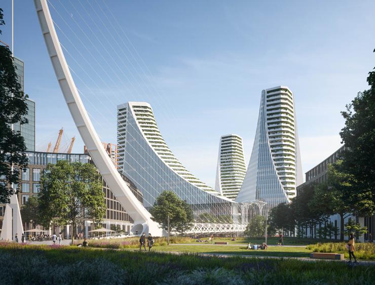 A sinuous land bridge will connect the building to the Thames river bank