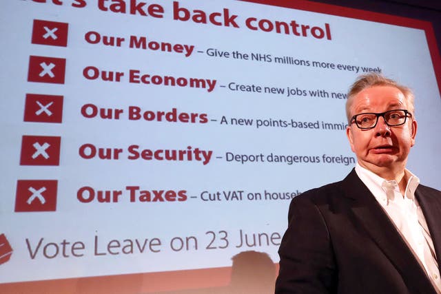 Michael Gove talks to supporters during a Vote Leave rally on June 4, 2016
