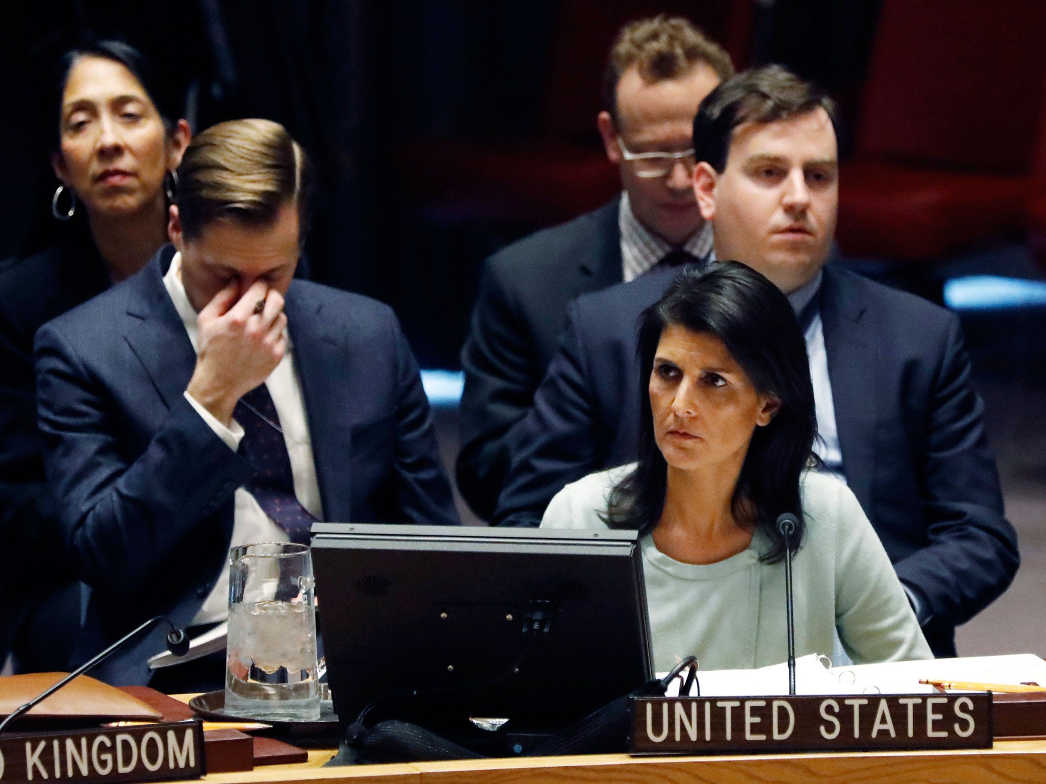 The new US Ambassador to the United Nations, Nikki Haley, waits to address the Security Council on the situation in Ukraine
