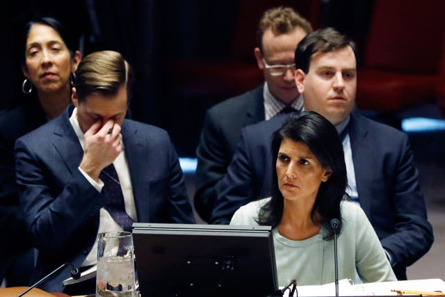 The new US Ambassador to the United Nations, Nikki Haley, waits to address the Security Council on the situation in Ukraine