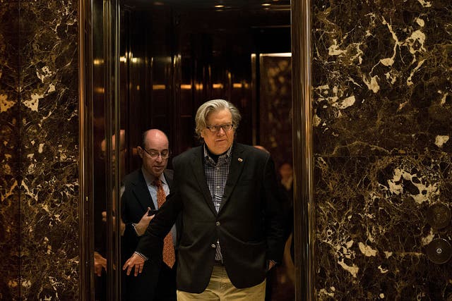 Steve Bannon emerges from an elevator at Trump Tower. He is now the most influential individual in Donald Trump’s administration