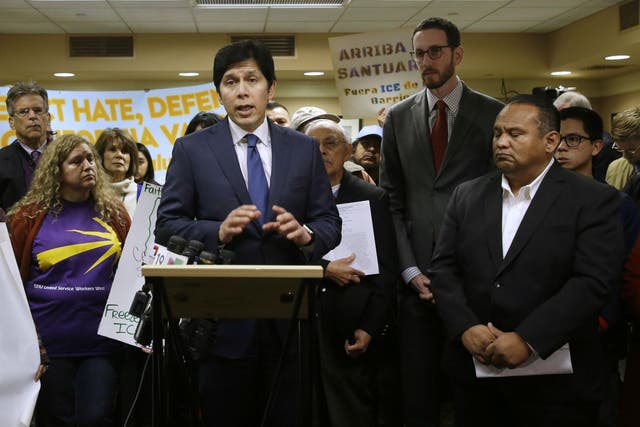 Kevin de León, Democrat leader of the California Senate, outlines his bill to extend sanctuary status to the whole state