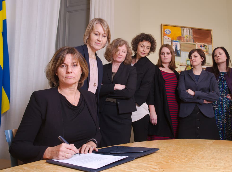 Swedish Environment Minister and Deputy Prime Minister Isabella Lovin signs a referral of Swedish climate law, binding all future governments to net zero emissions by 2045 at the ministry in Stockholm.