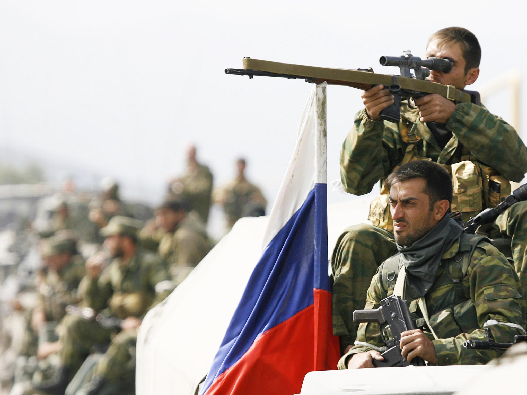 Chechen special forces from the Vostok (East) army unit prepare to attack the Georgian village of Zemo Nikozi, near the South Ossetian capital of Tskhinvali, in August 2008