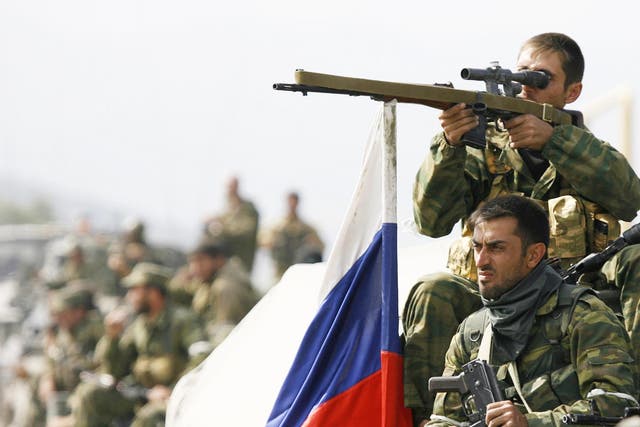 Chechen special forces from the Vostok (East) army unit prepare to attack the Georgian village of Zemo Nikozi, near the South Ossetian capital of Tskhinvali, in August 2008
