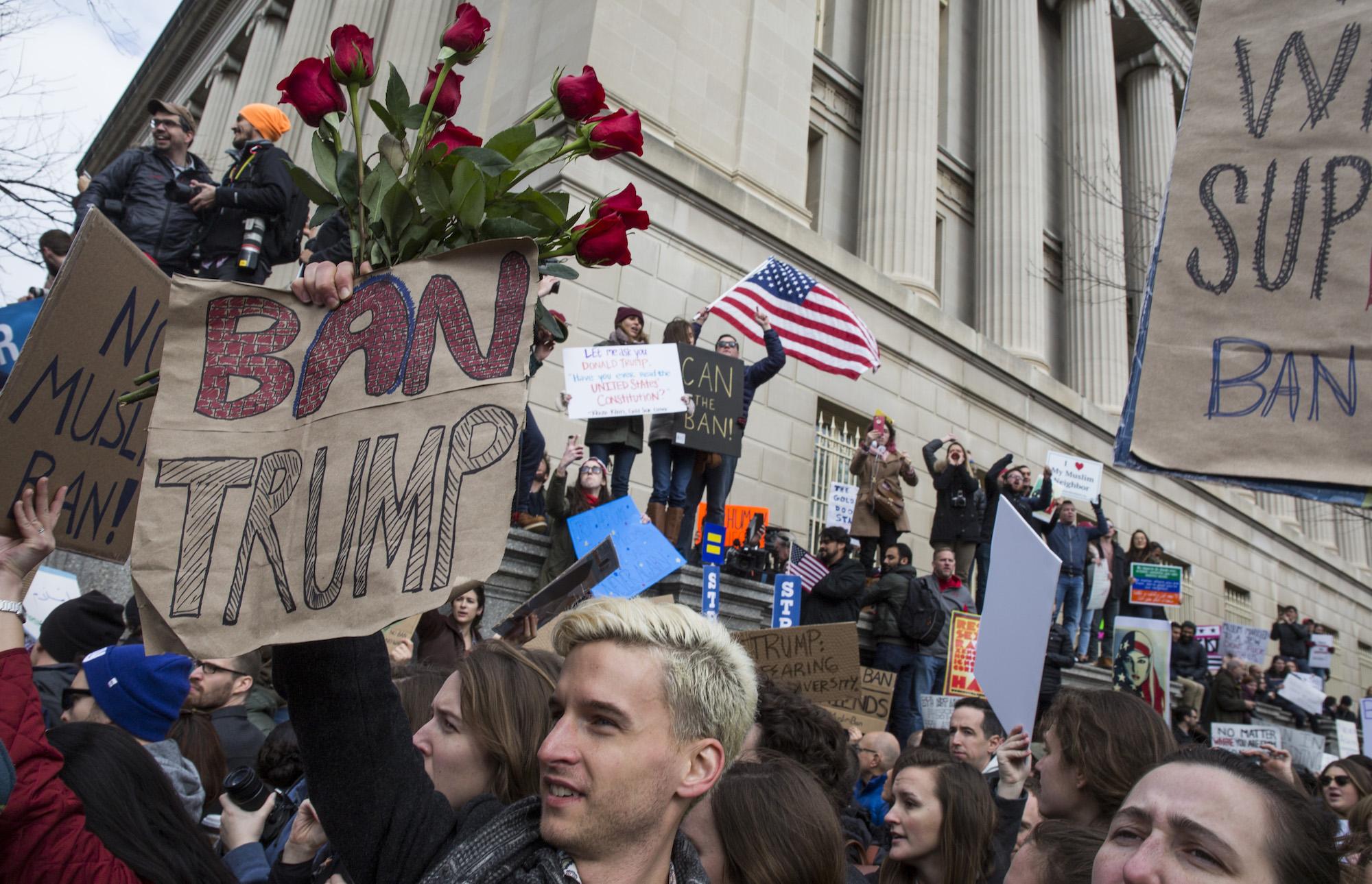 Widespread protests, now accompanied by legal action, erupted against Donald Trump's travel ban