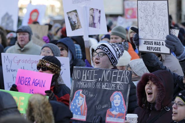 People protest at a demonstration in Cleveland