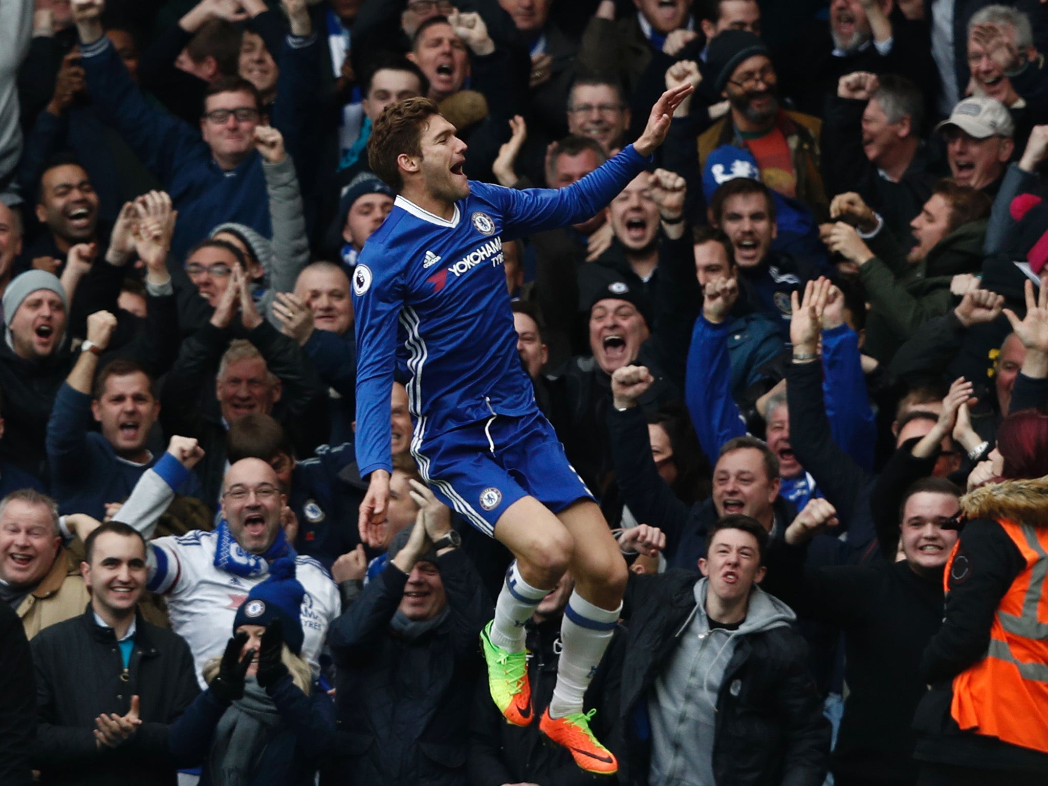 Marcos Alonso celebrates opening the scoring at Stamford Bridge