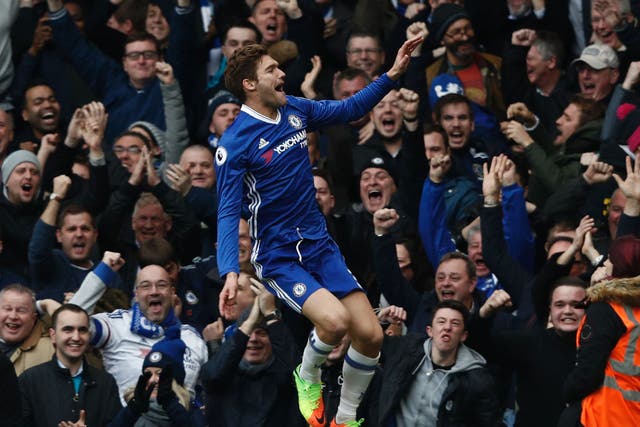 Marcos Alonso celebrates opening the scoring at Stamford Bridge