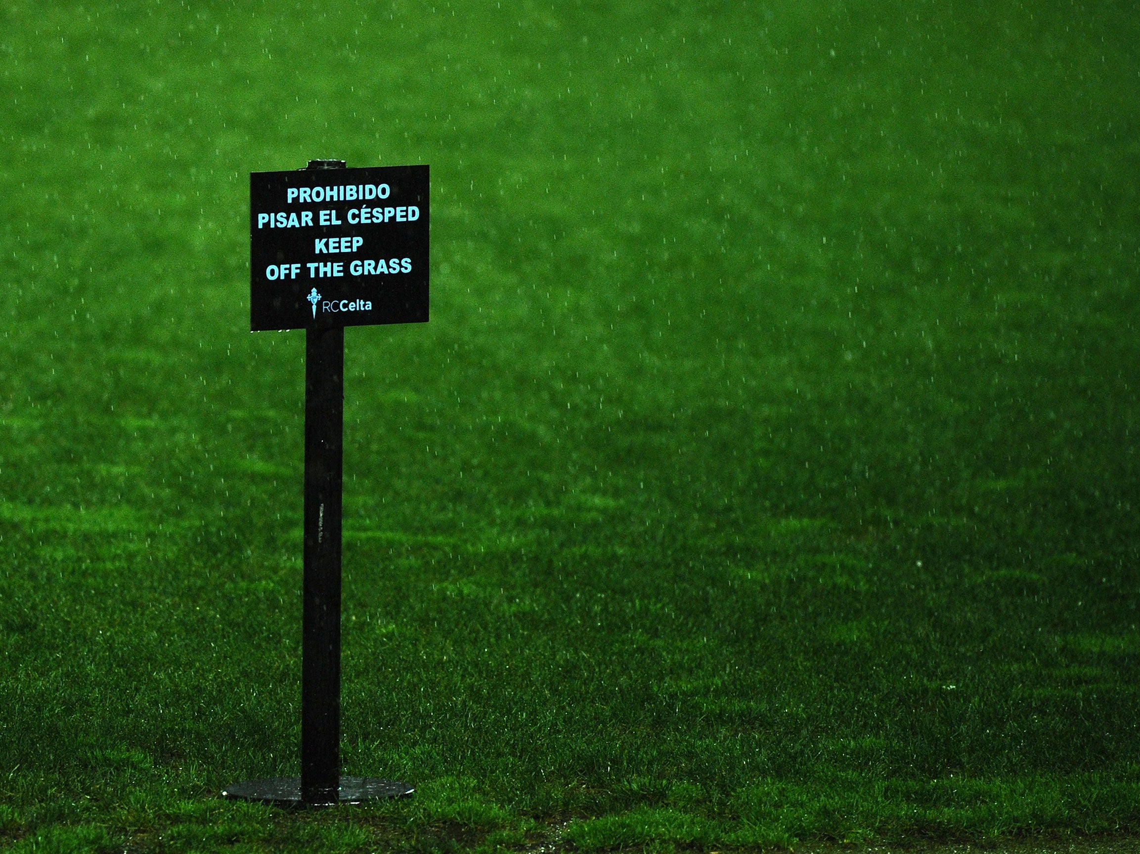 A sign at Celta's Balaidos stadium as the rain falls