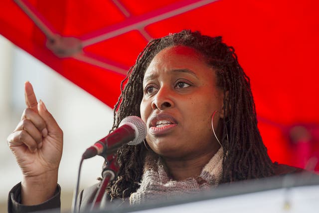 MP Dawn Butler speaks outside the US Embassy in central London, ahead of a protest and march to Downing Street, against US President Donald Trump's travel ban