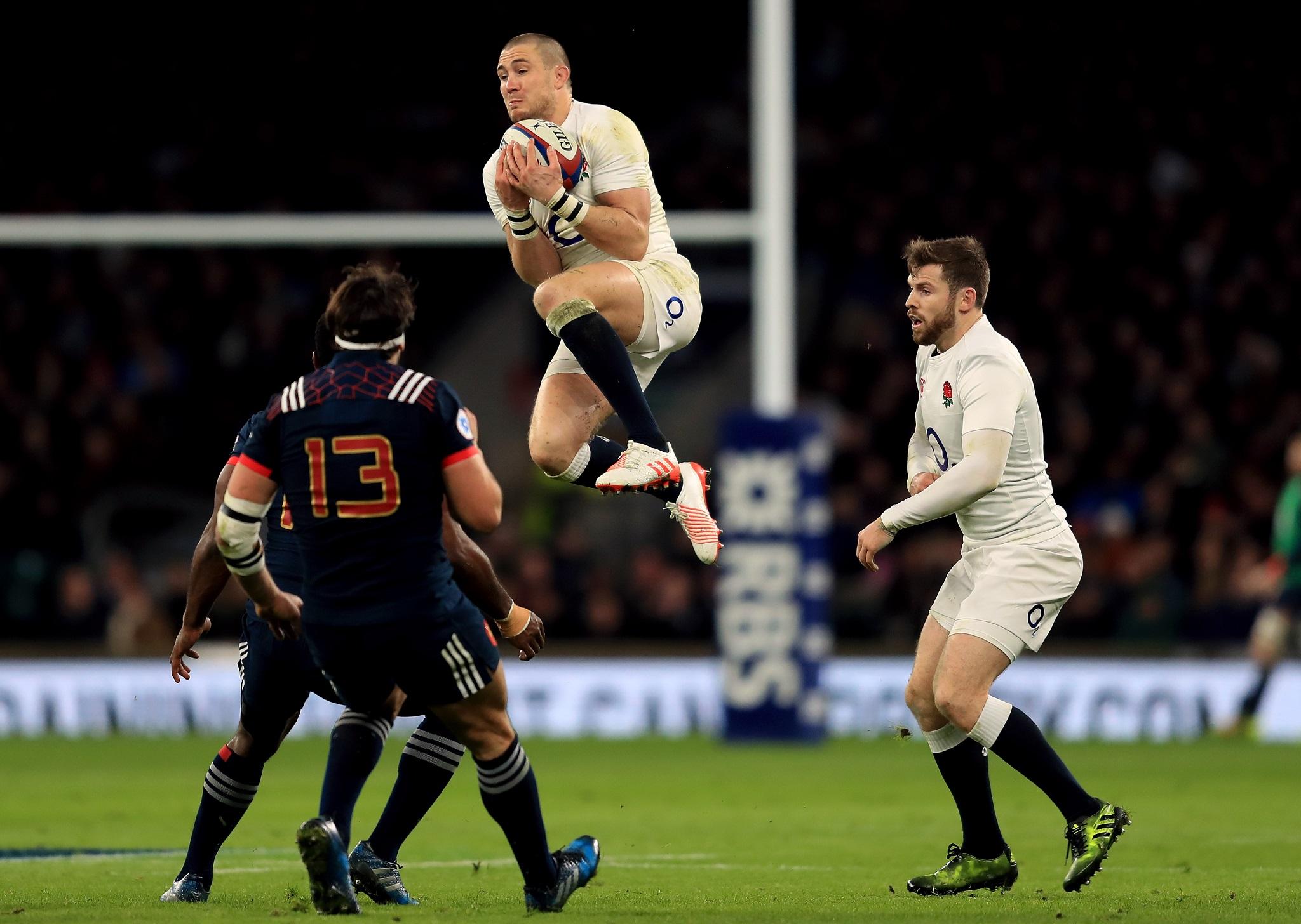 Mike Brown collects a high ball during the Six Nations clash between England and France