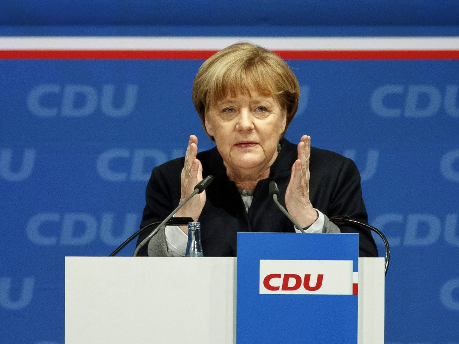 Angela Merkel speaks at the regional party conference of the CDU Schleswig-Holstein in Neumuenster