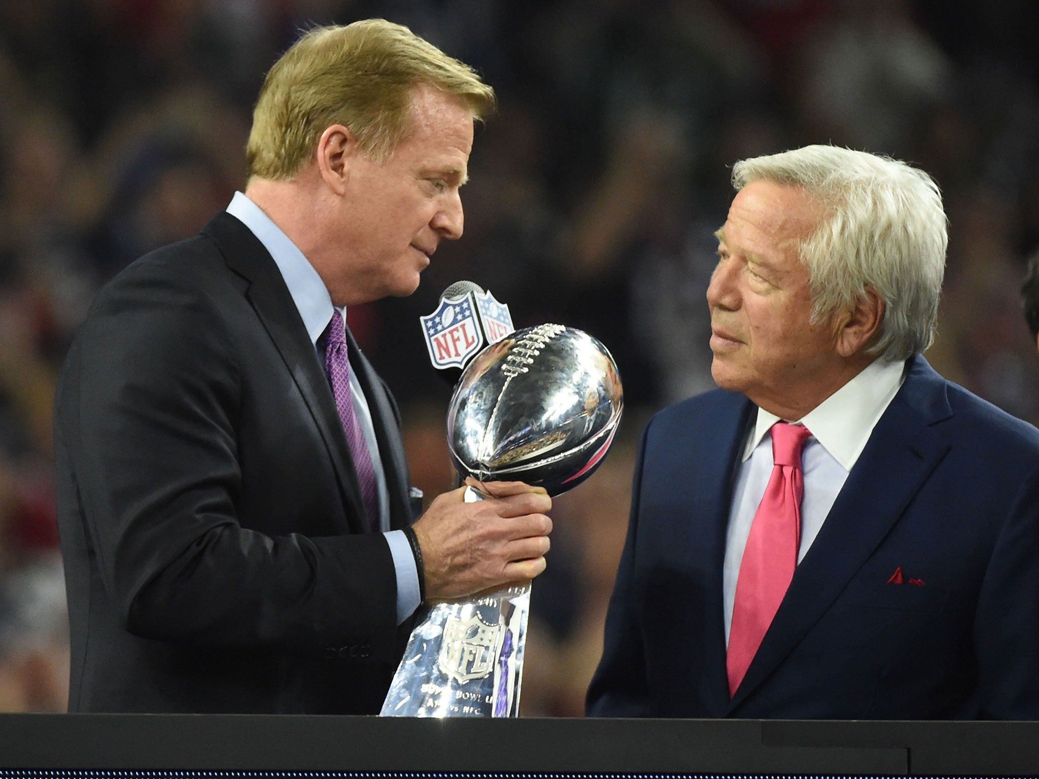 NFL commissioner Roger Goodell was booed by Patriots supporters as he handed over the Lombardi Trophy