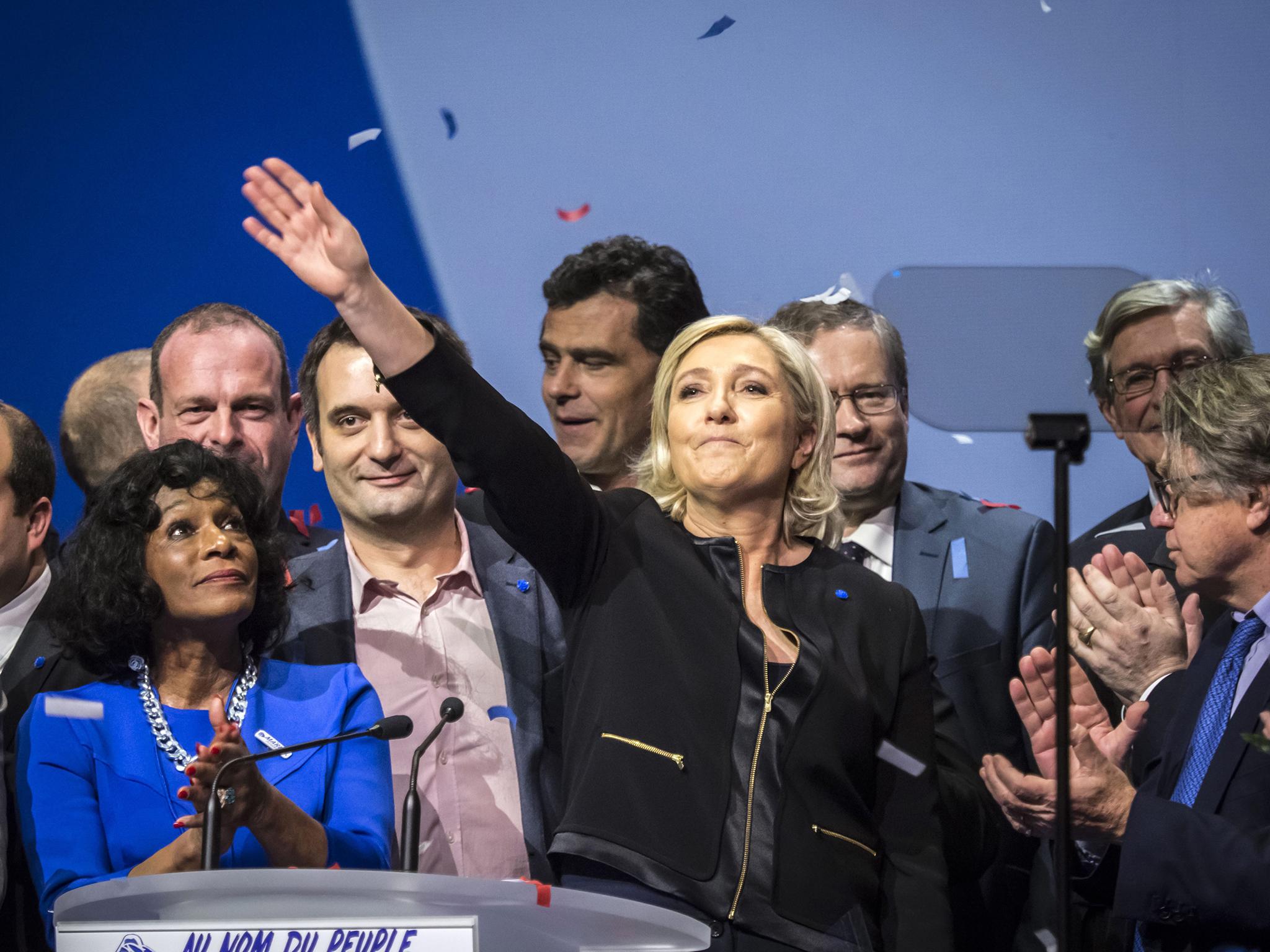 Le Pen delivers a speech during a Front National rally in Lyon, the first event of her presidential campaign