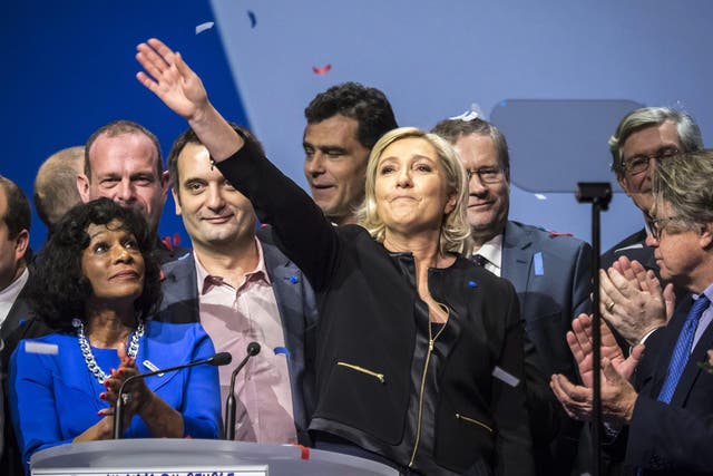 Le Pen delivers a speech during a Front National rally in Lyon, the first event of her presidential campaign