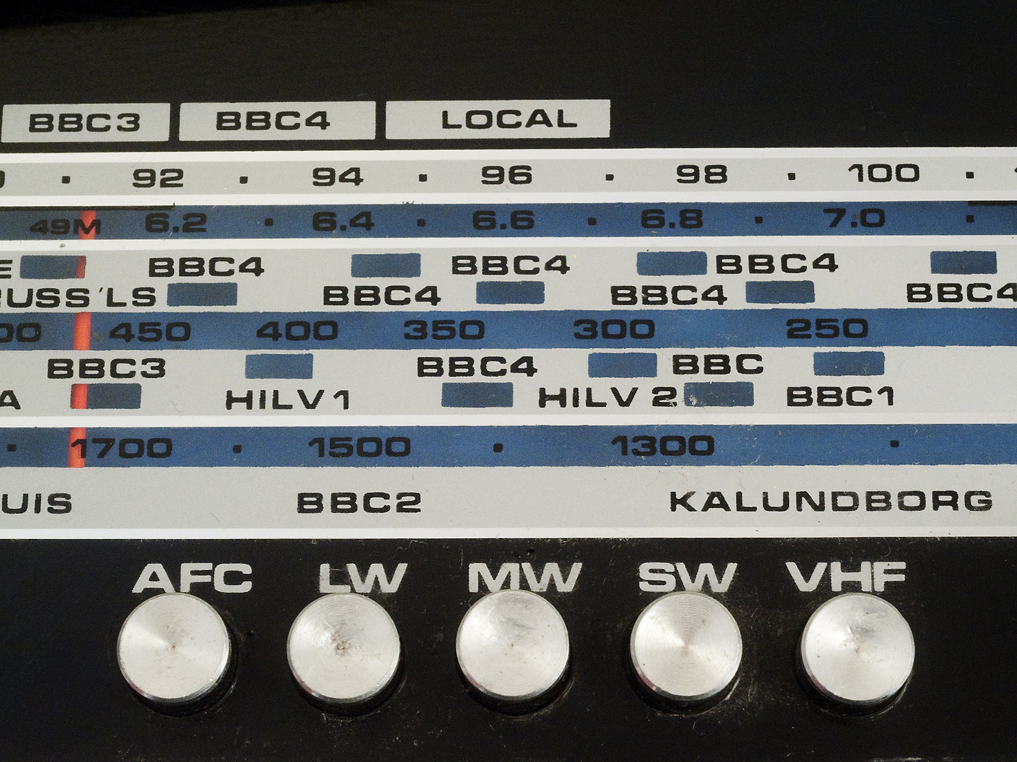 Old analogue radio tuning dial showing FM stations