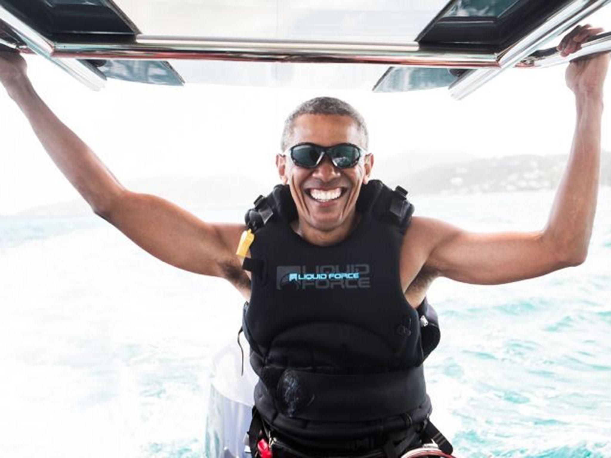 Mr Obama looked relaxed on Sir Richard's yacht