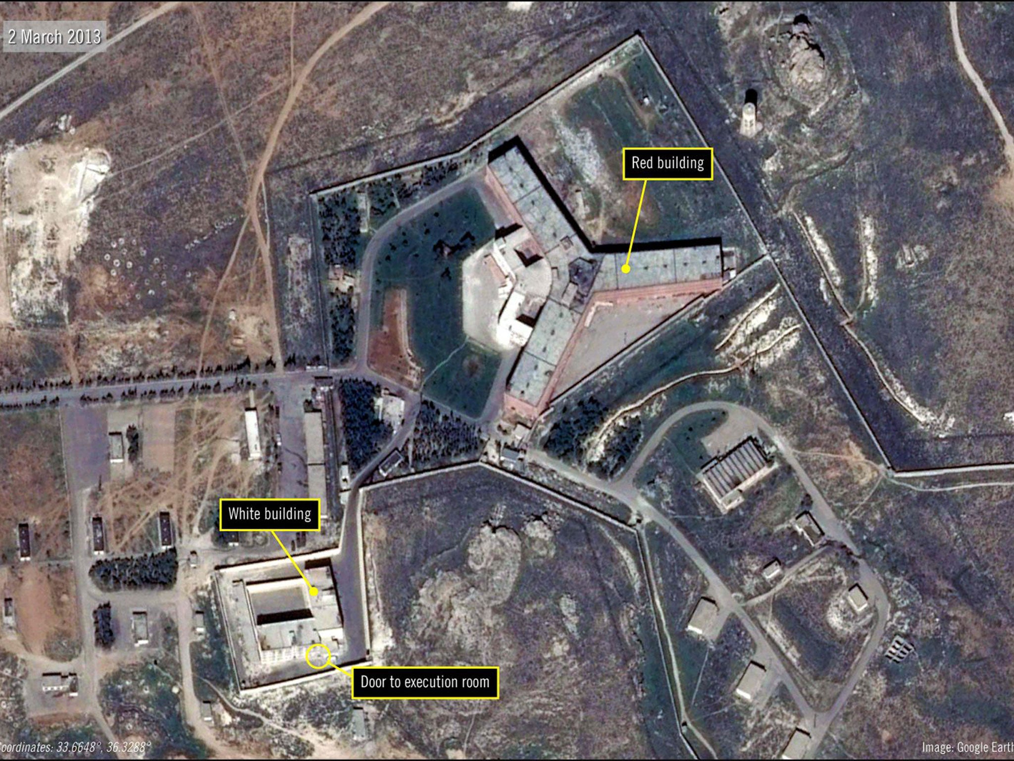 A satellite image of Saydnaya military prison, one of Syria's largest detention centres, located 18 miles north of Damascus.