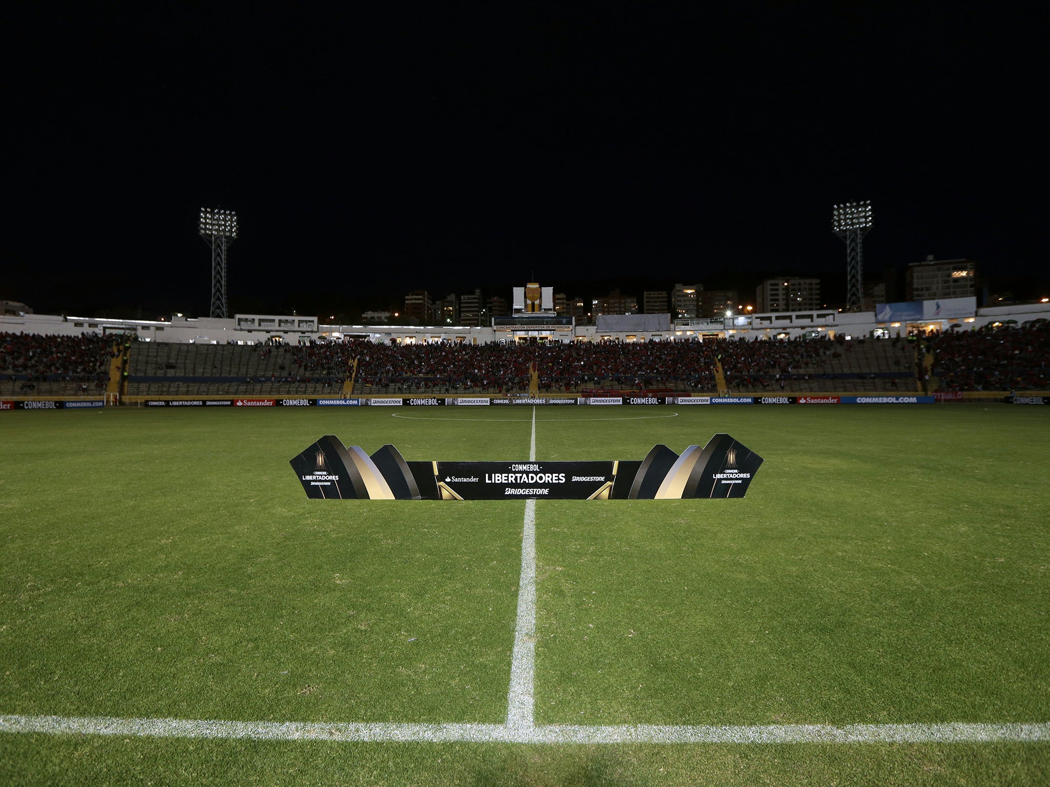 View of the Olimpico Atahualpa stadium in Quito as El Nacional vs Tucuman should have been kicking off