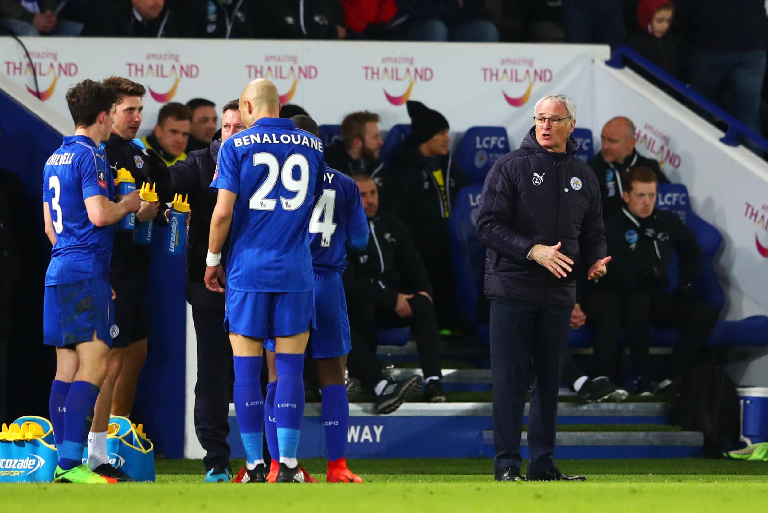 Ranieri issues his players with instructions ahead of extra-time at the King Power Stadium